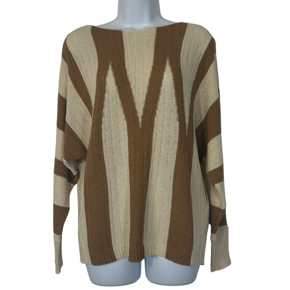 Chico’s Brown & Cream Striped Sweater Dolman Sleeve Oversized Boho Top - Picture 4 of 9